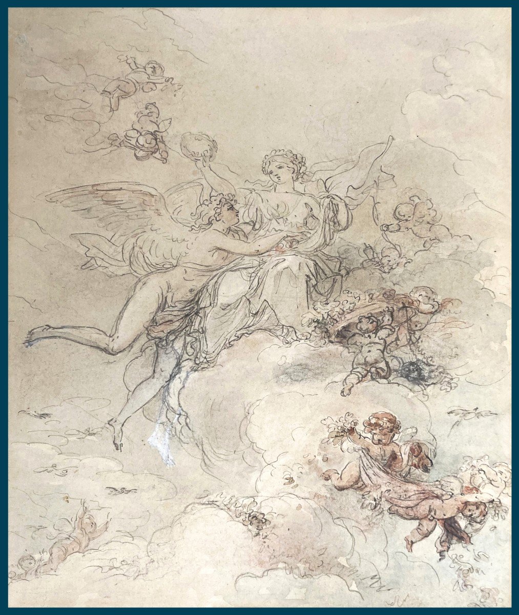 Callet Antoine-françois (1741-1823) Attr. To "zephyr & Flora Crowning Cybele" Drawing/pen, Wash