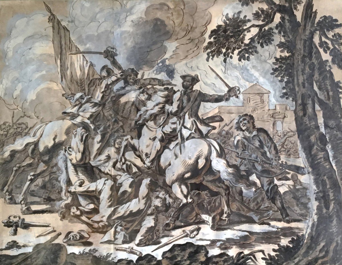 Parrocel Charles (1688-1752) "cavalry Clash" Drawing/pen, Wash, Provenance, Stamp, Frame 19th-photo-2