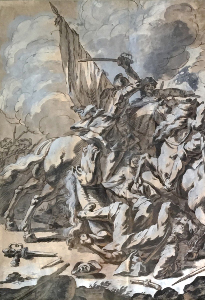 Parrocel Charles (1688-1752) "cavalry Clash" Drawing/pen, Wash, Provenance, Stamp, Frame 19th-photo-3