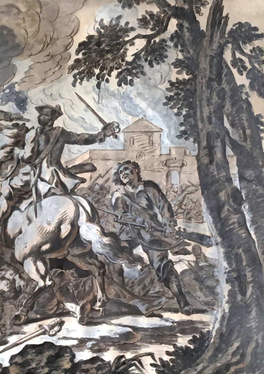 Parrocel Charles (1688-1752) "cavalry Clash" Drawing/pen, Wash, Provenance, Stamp, Frame 19th-photo-4