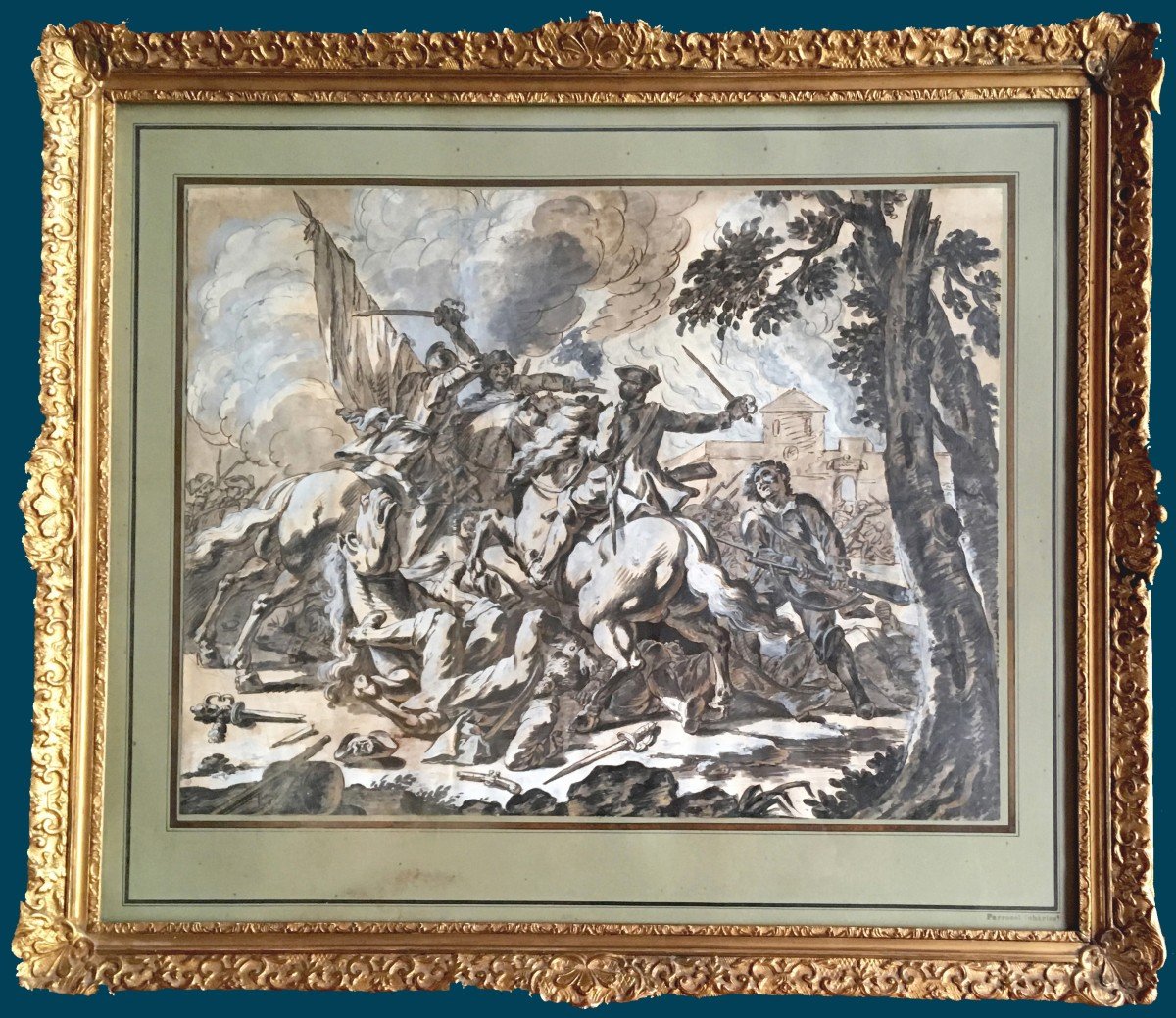 Parrocel Charles (1688-1752) "cavalry Clash" Drawing/pen, Wash, Provenance, Stamp, Frame 19th