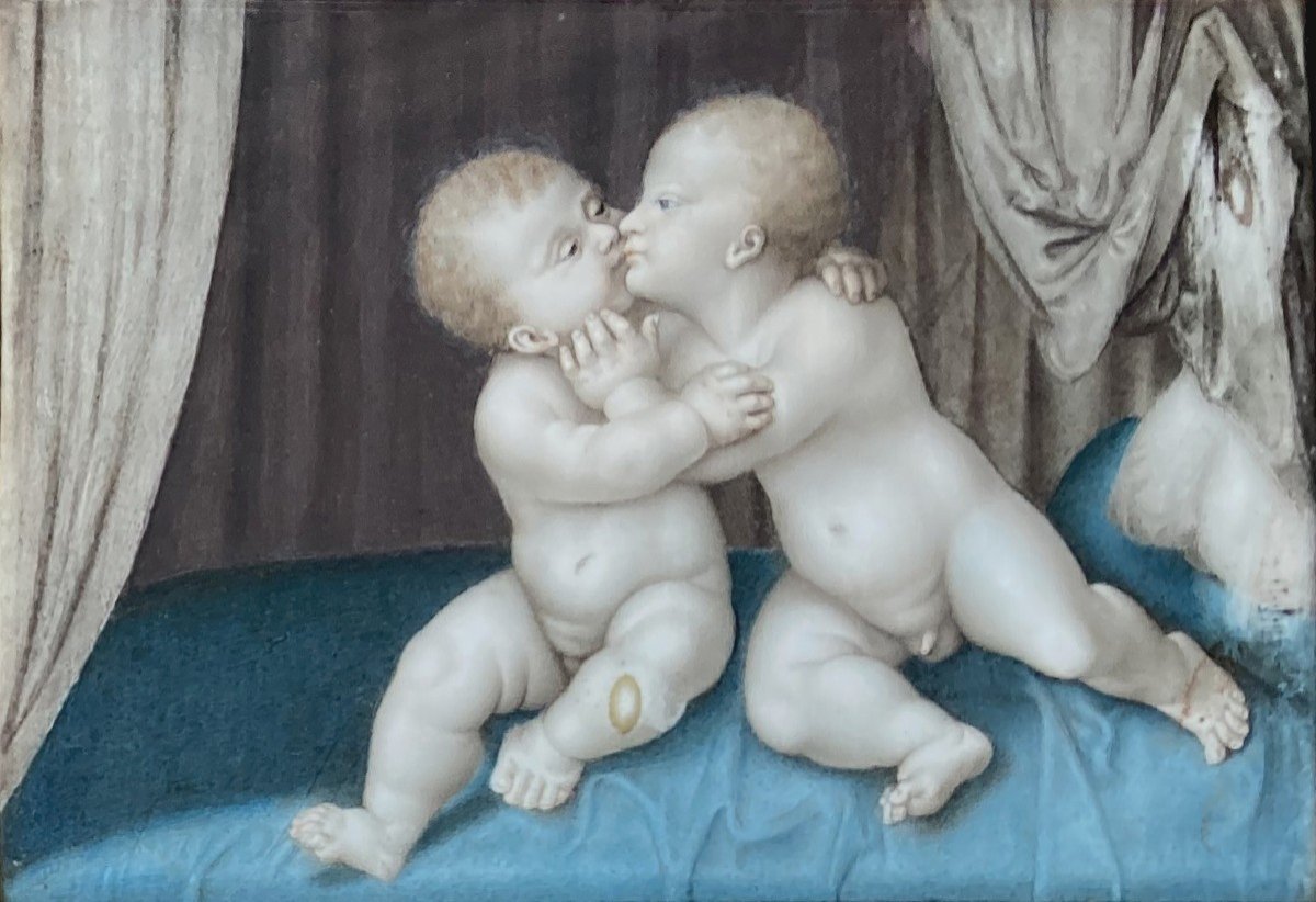 French School 19th Century "two Putti" Watercolor, Frame From Late 19th Century-photo-2