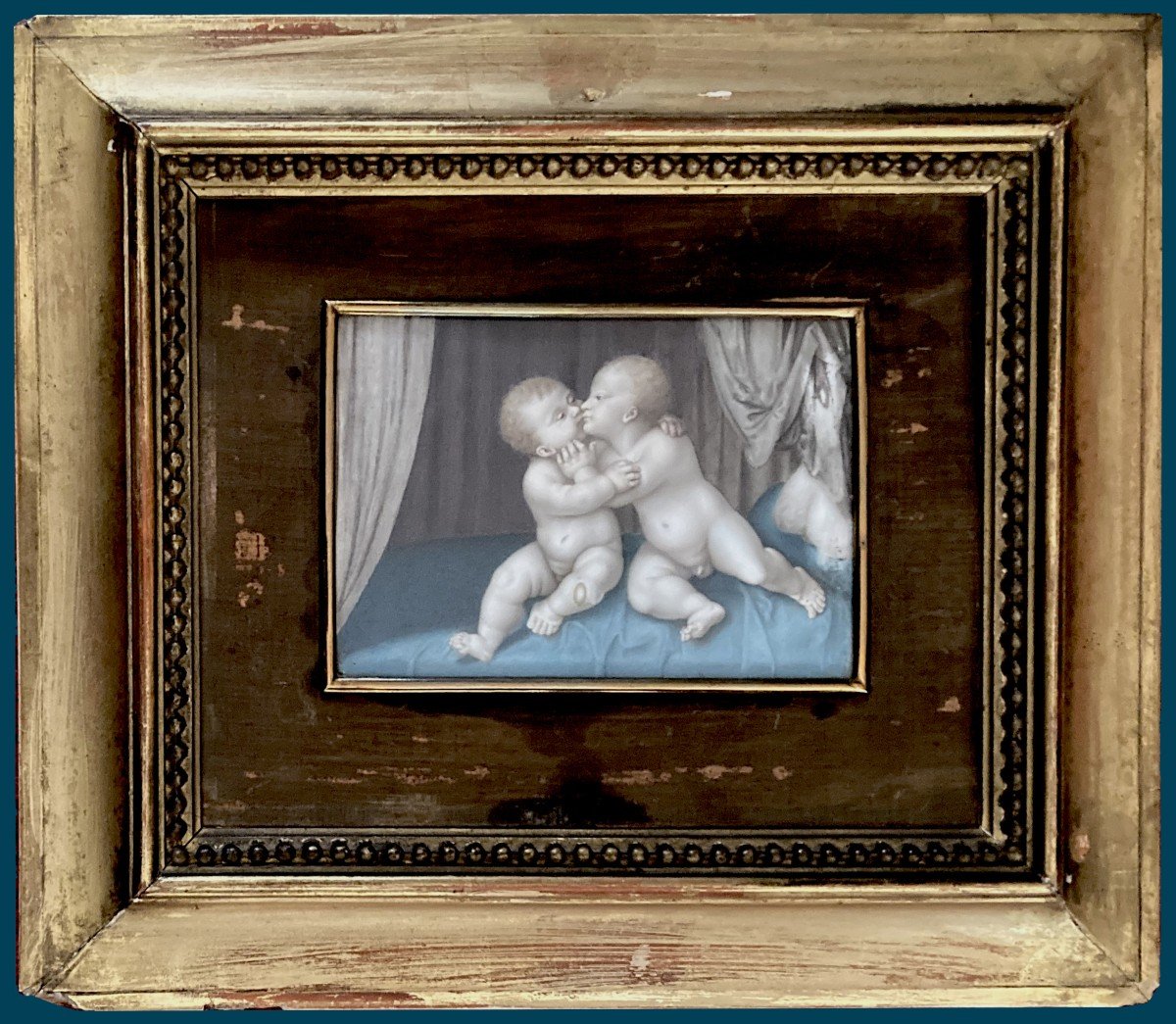 French School 19th Century "two Putti" Watercolor, Frame From Late 19th Century