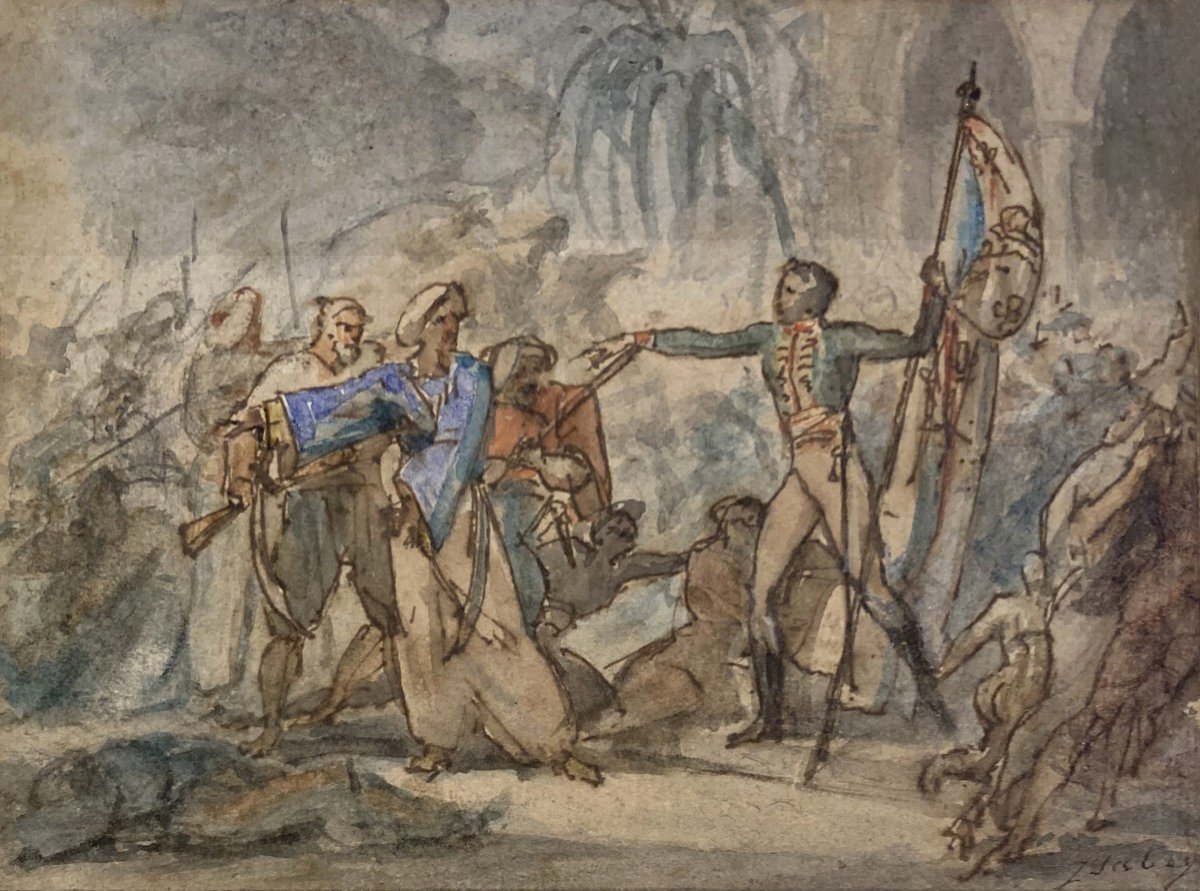 ISABEY Jean-Baptiste (1767-1855) "Scène égyptienne" Dessin à la plume et aquarelle, Signé