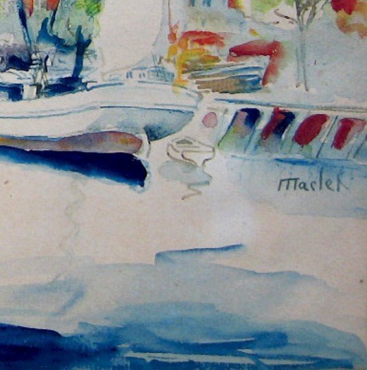 Maclet Elisée (1881-1962) "port Scene" Watercolor, Signed-photo-2