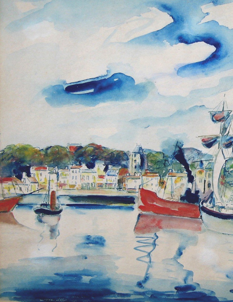 Maclet Elisée (1881-1962) "port Scene" Watercolor, Signed-photo-3