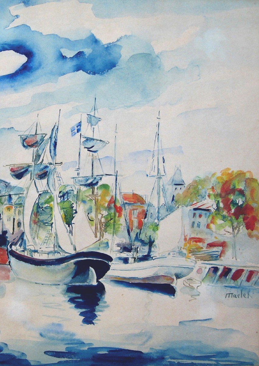 Maclet Elisée (1881-1962) "port Scene" Watercolor, Signed-photo-4