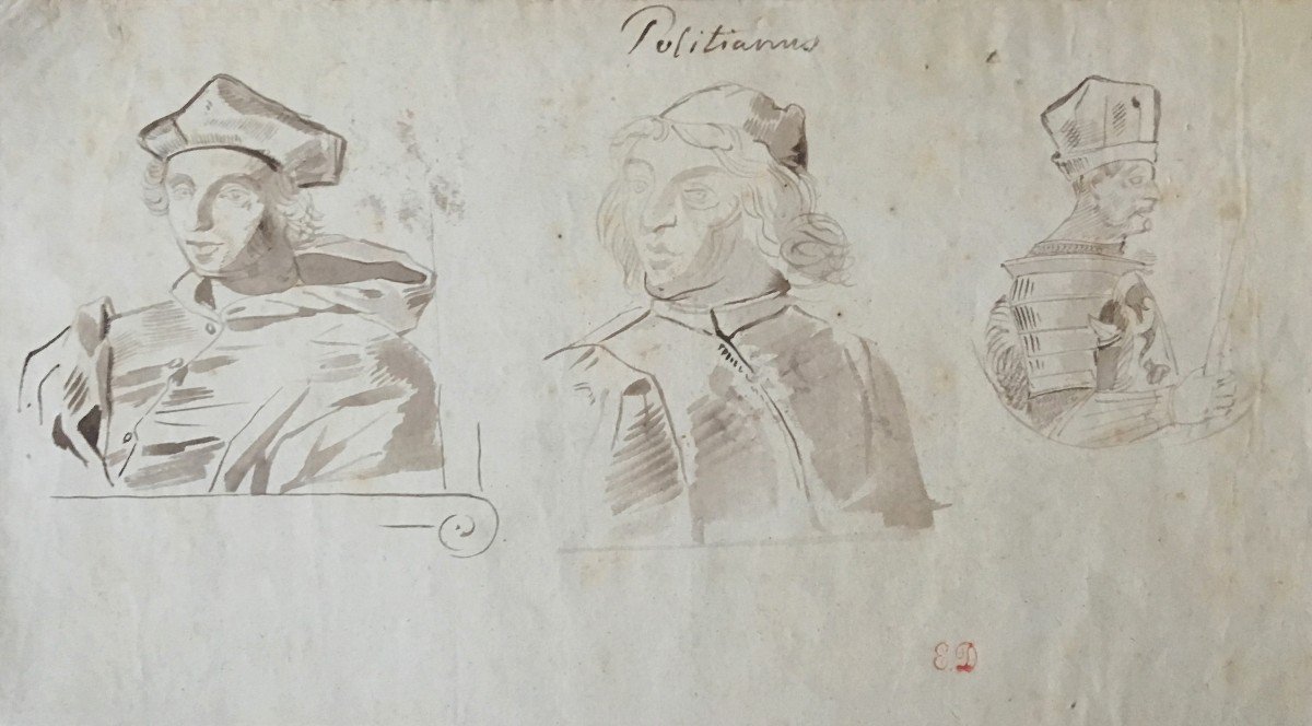 DELACROIX Eugène (1798-1863) "Etude de têtes (Ange Politien)" Dessin/Plume, lavis brun, Cachet-photo-2