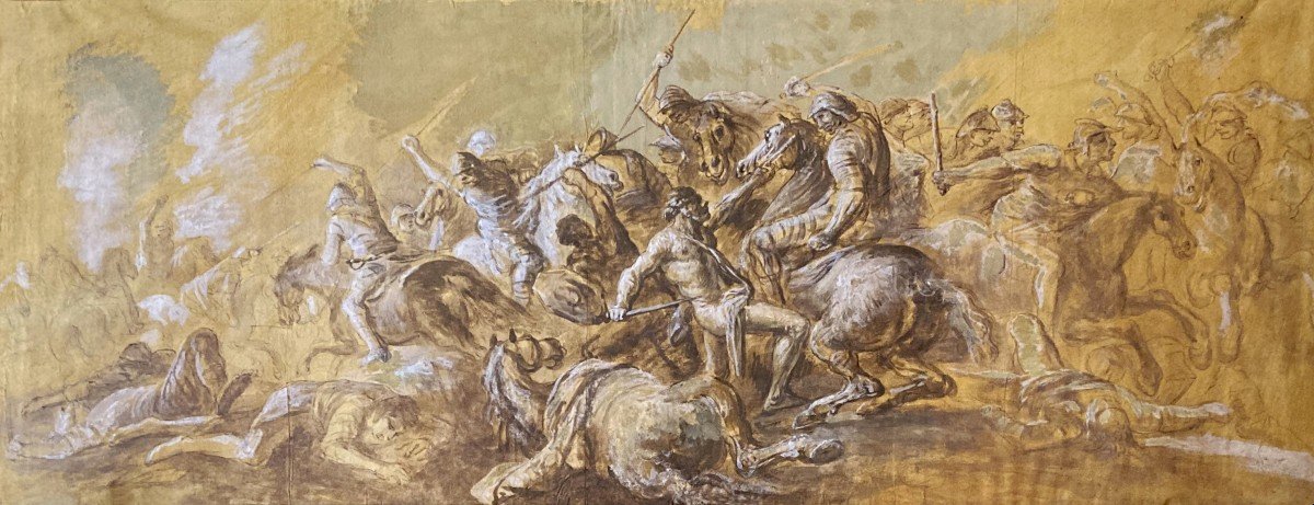 SIMONINI Francesco (1686-1753), Attr. à "Choc de cavalerie" Dessin/Lavis brun, Gouache blanche-photo-2