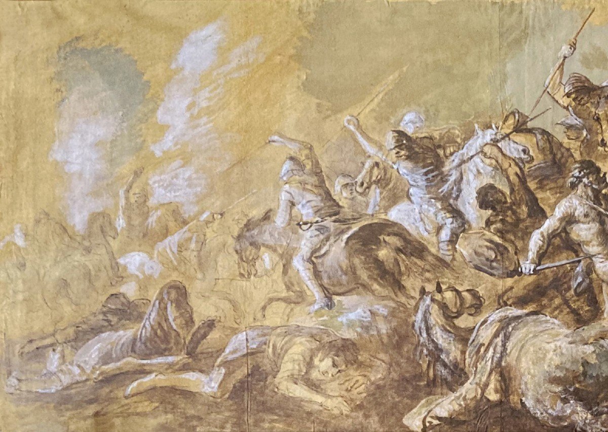 SIMONINI Francesco (1686-1753), Attr. à "Choc de cavalerie" Dessin/Lavis brun, Gouache blanche-photo-3