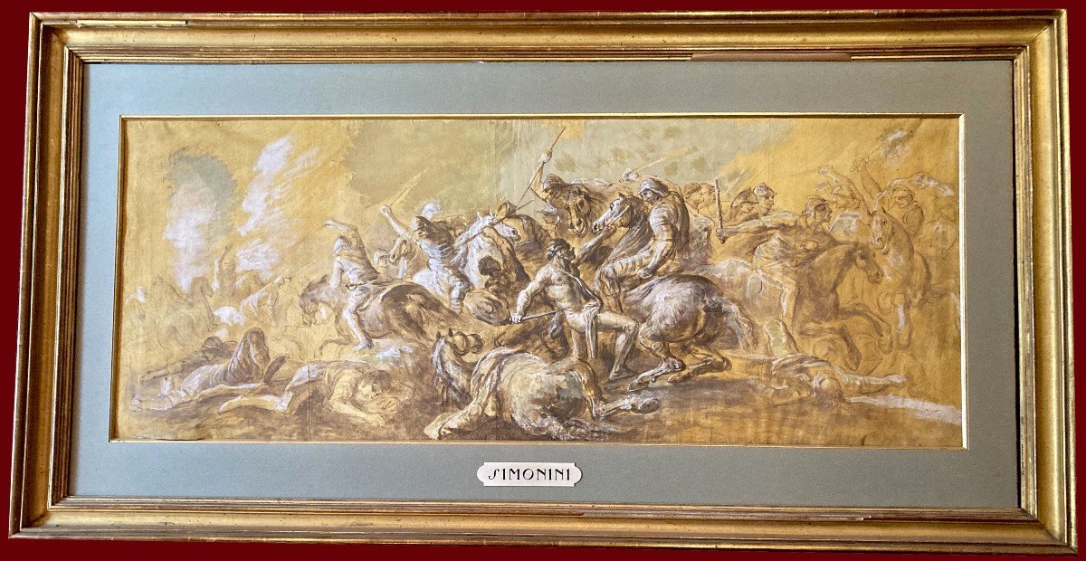 SIMONINI Francesco (1686-1753), Attr. à "Choc de cavalerie" Dessin/Lavis brun, Gouache blanche