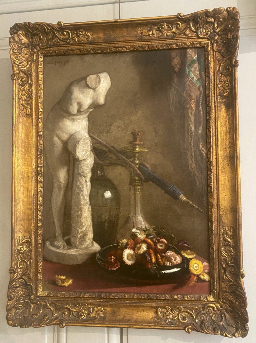 Pollet Jules (1870-1941) Belgian School "still Life With Hookah" Oil On Canvas, Signed, Frame-photo-2