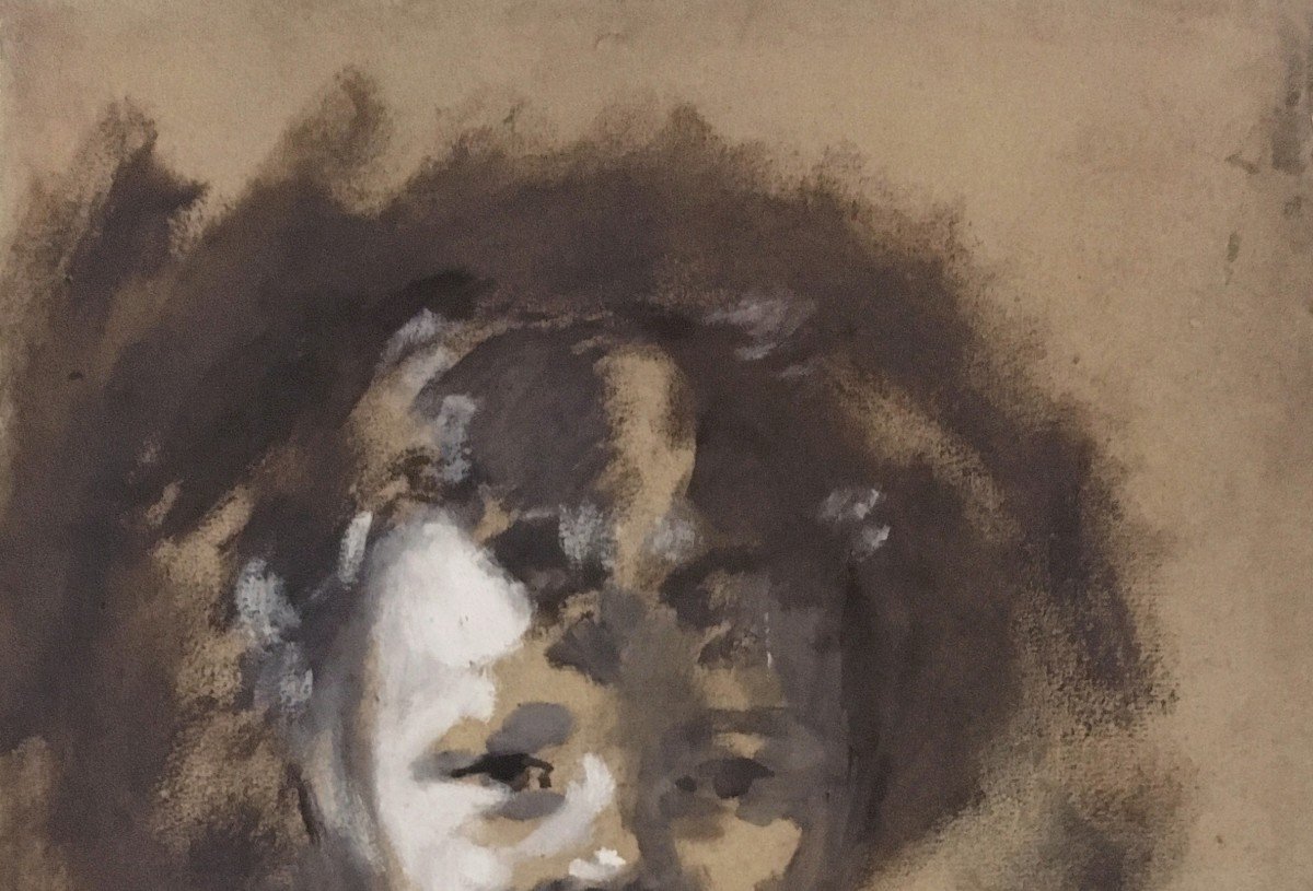 CARRIÈRE Eugène (1849-1906) "Tête d'enfant" Dessin à l'aquarelle et gouache blanche, signé-photo-2