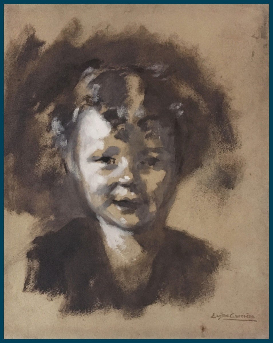 CARRIÈRE Eugène (1849-1906) "Tête d'enfant" Dessin à l'aquarelle et gouache blanche, signé