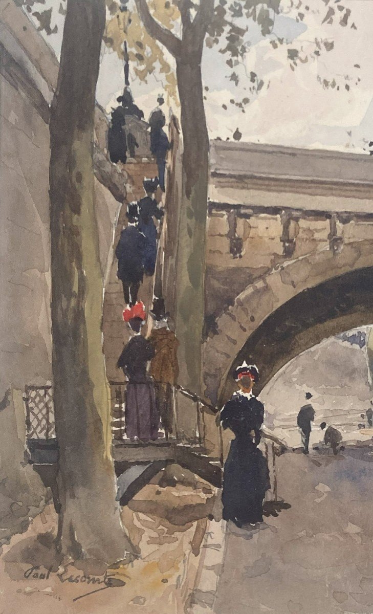 LECOMTE Paul (1842-1920) "Personnages et pont à Paris" Aquarelle, Signé-photo-2