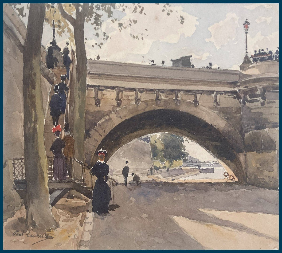 LECOMTE Paul (1842-1920) "Personnages et pont à Paris" Aquarelle, Signé