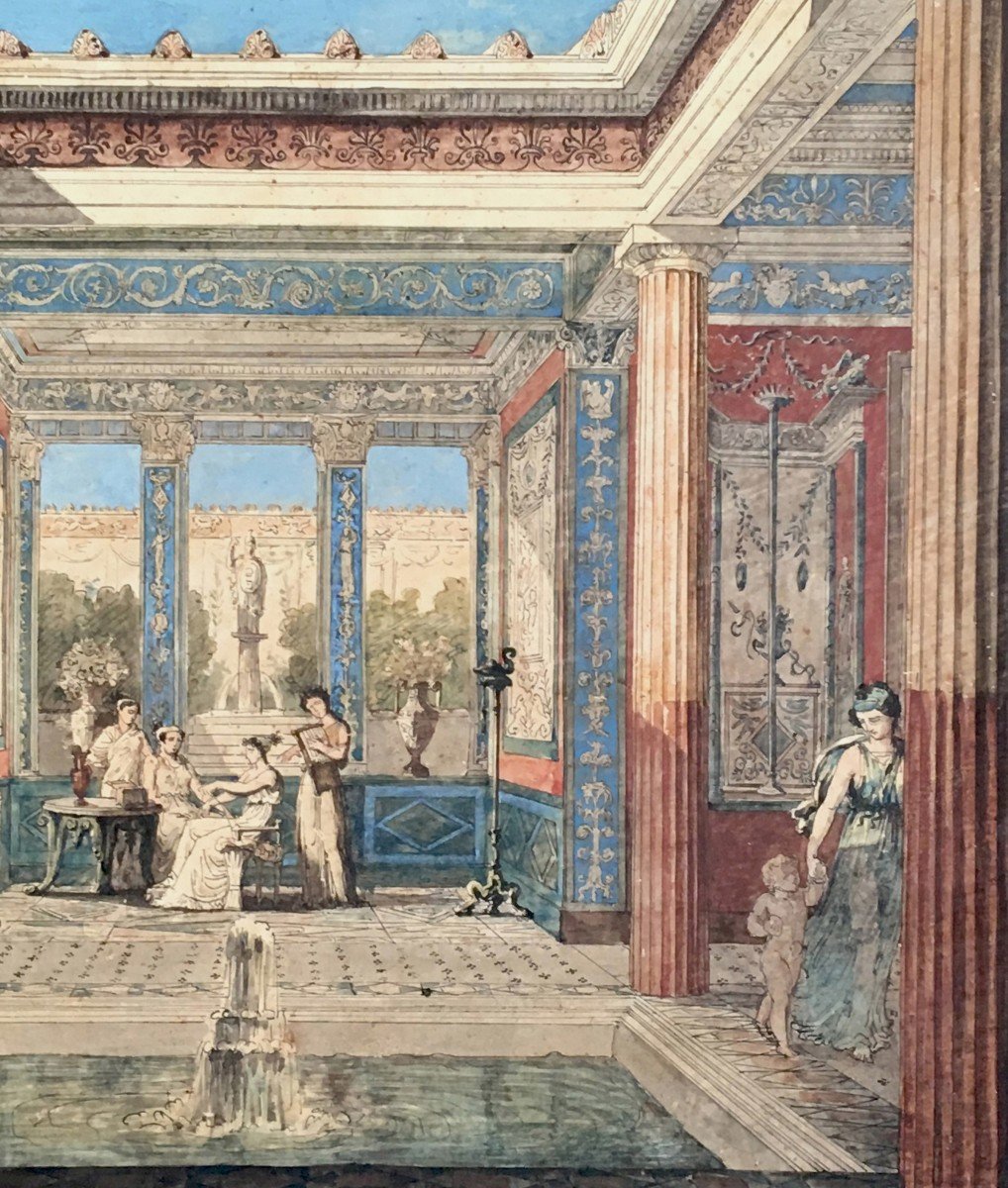 MAZOIS François (1783-1826) "Villa Pompéienne et personnages" Dessin/Plume, aquarelle, Annoté-photo-3