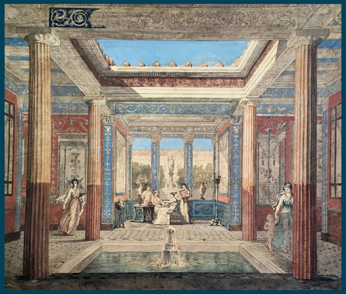 Mazois François (1783-1826) "pompeian Villa And Characters" Drawing/pen, Watercolor, Annotated