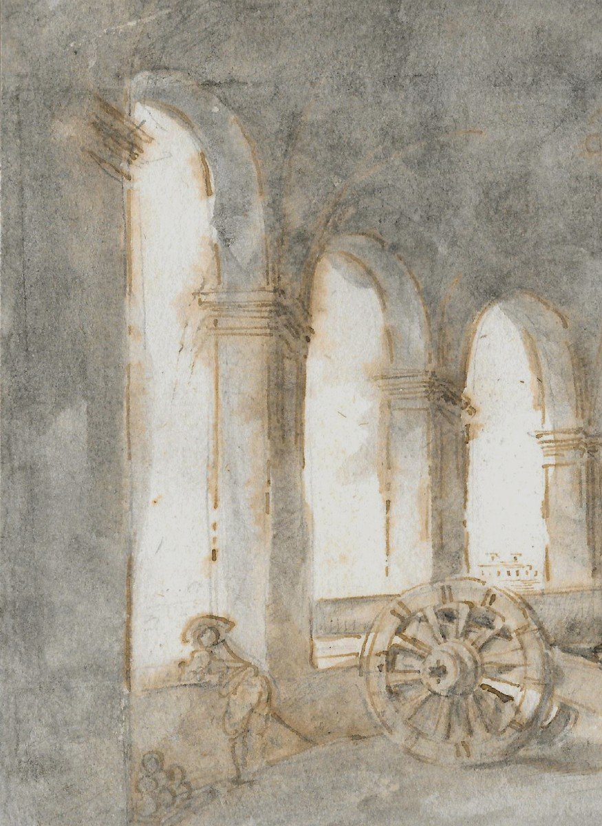 ROBERT Hubert (1733-1808) "Intérieur d'un palais" Dessin à la plume et au lavis gris, Cadre 19e-photo-2