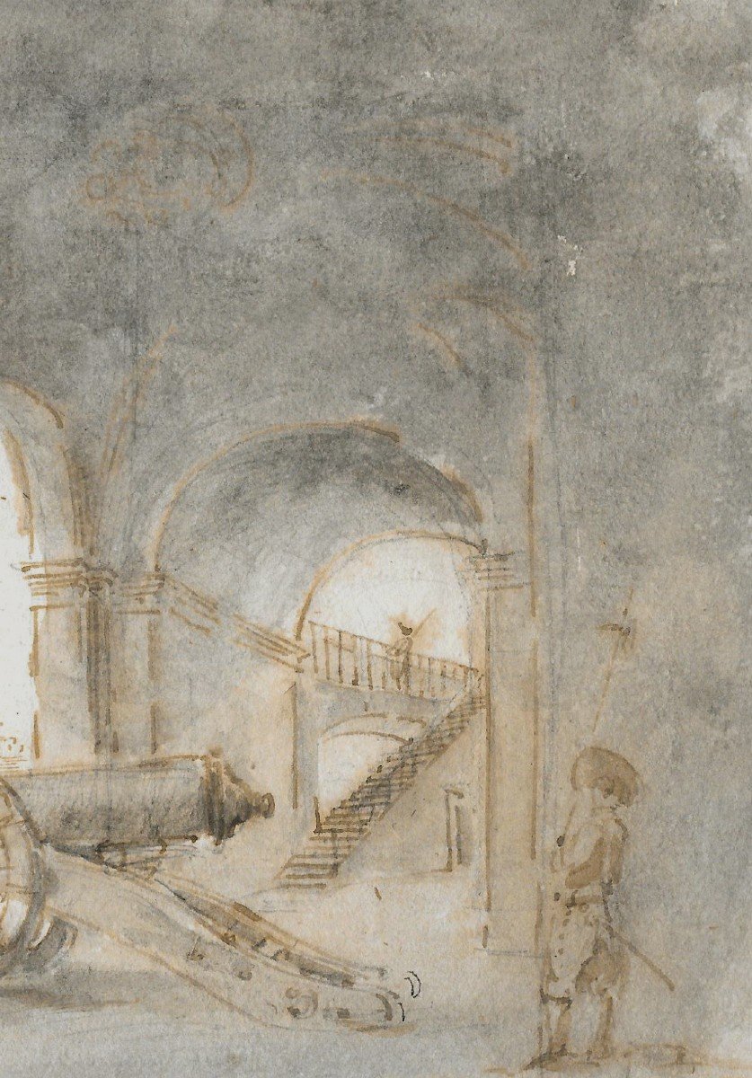 ROBERT Hubert (1733-1808) "Intérieur d'un palais" Dessin à la plume et au lavis gris, Cadre 19e-photo-3