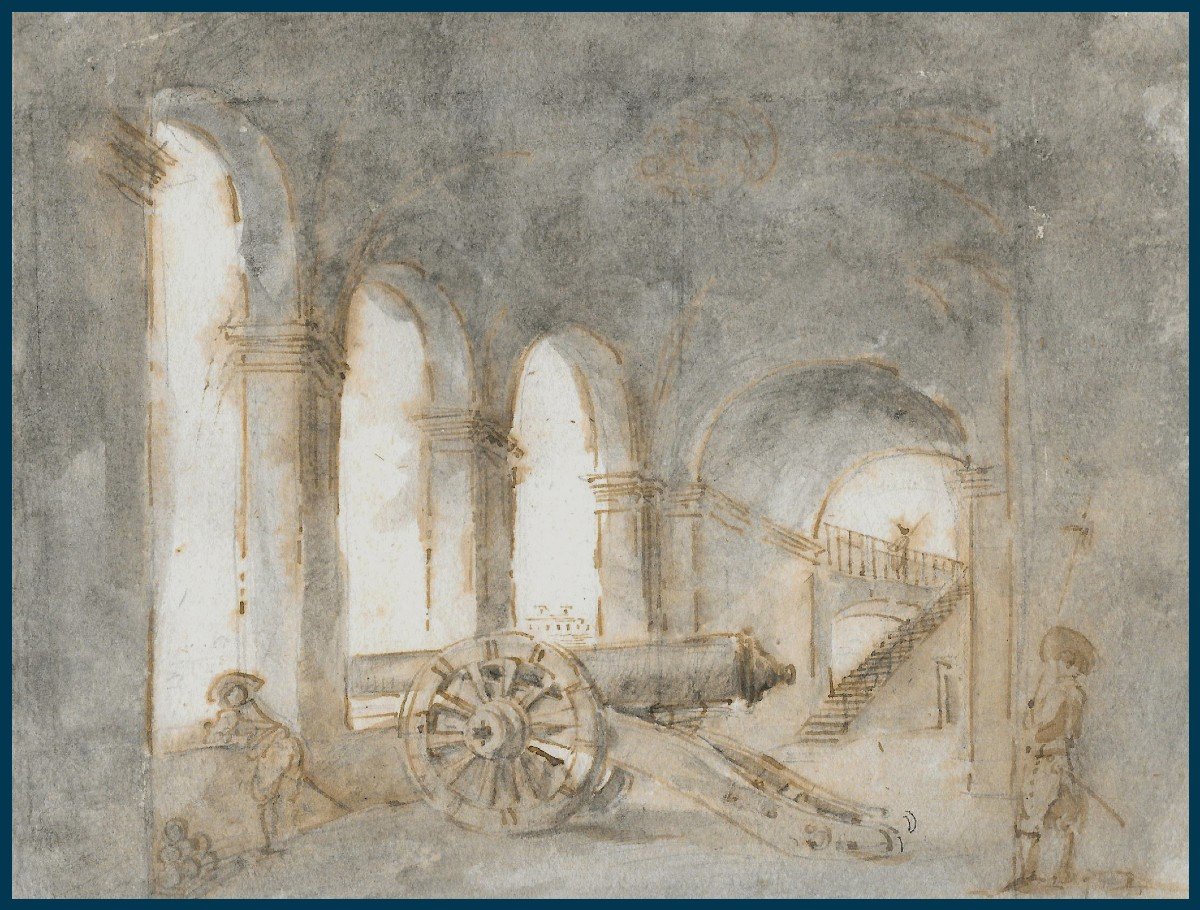 ROBERT Hubert (1733-1808) "Intérieur d'un palais" Dessin à la plume et au lavis gris, Cadre 19e-photo-4