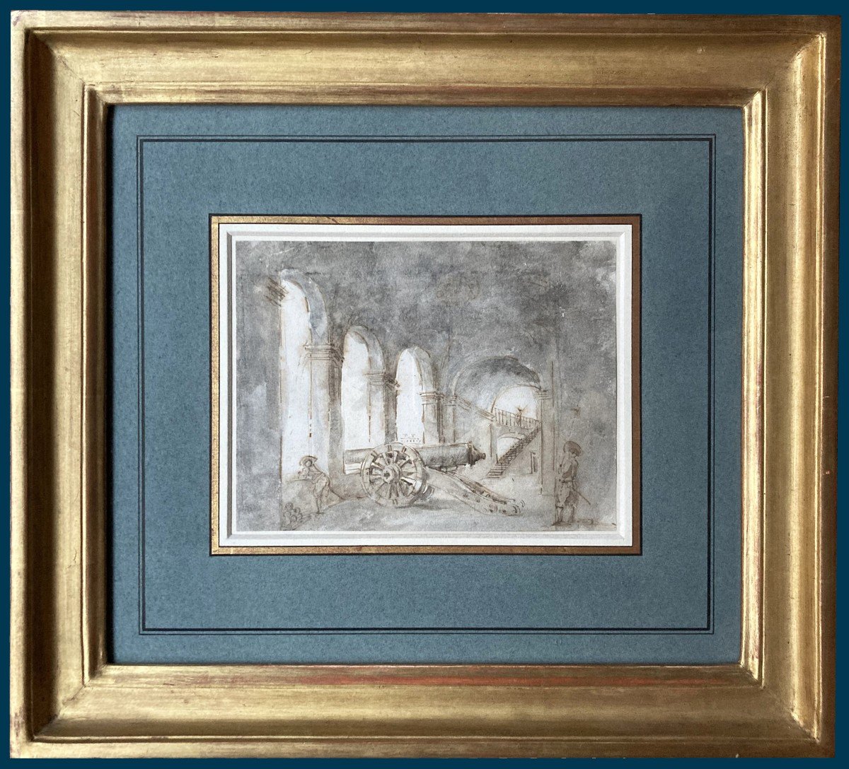 ROBERT Hubert (1733-1808) "Intérieur d'un palais" Dessin à la plume et au lavis gris, Cadre 19e