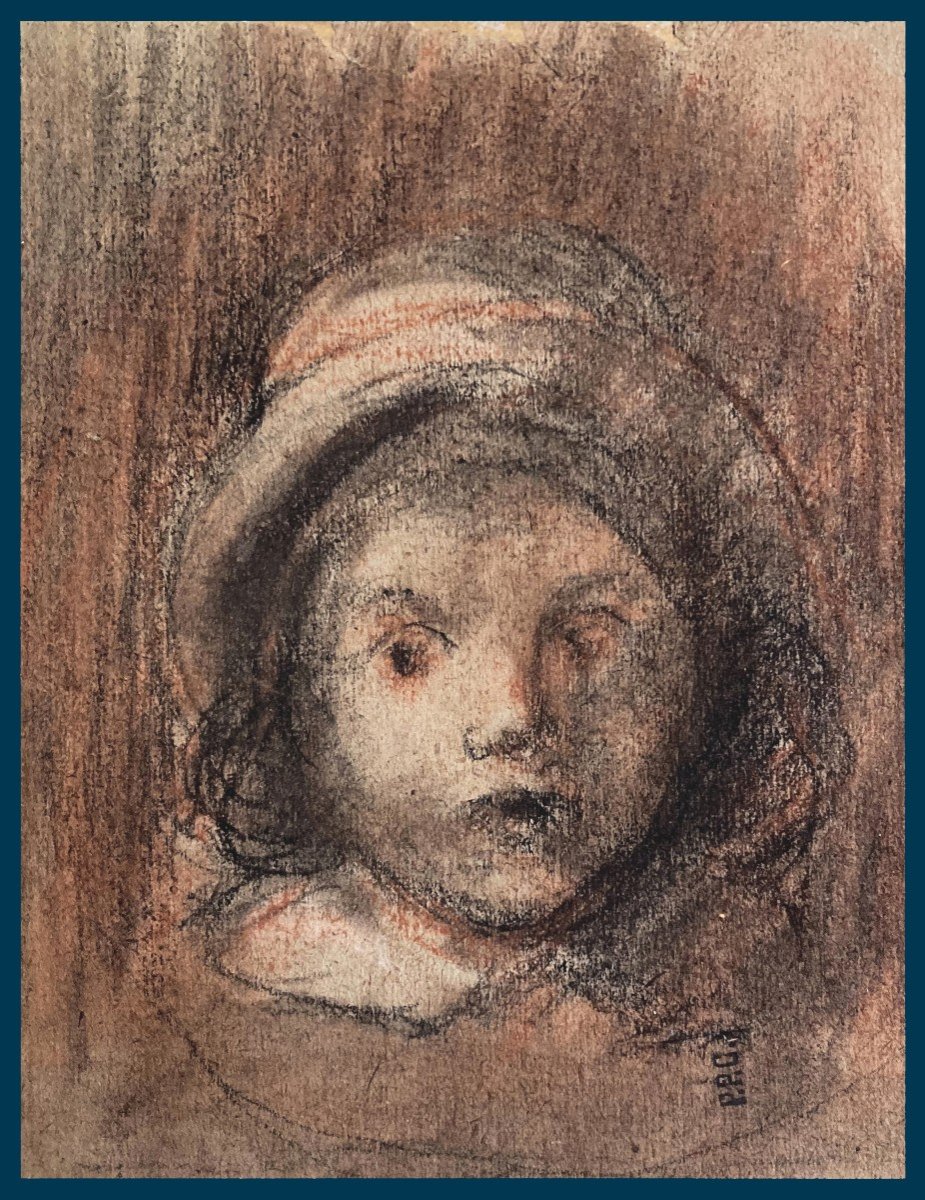 Puvis De Chavannes Pierre (1824-1898) "young Boy With A Hat" Drawing/black Pencil, Red Chalk, Stamp