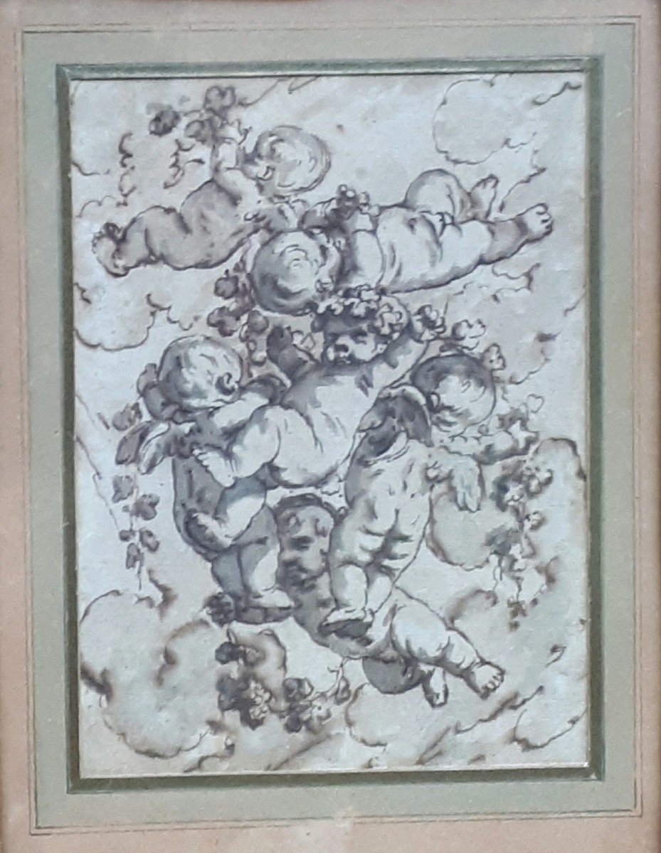 DE LA RUE Félix (1720-1777) "Angelots" Paire de dessins/Plume et lavis gris, Cadre début 19e-photo-4