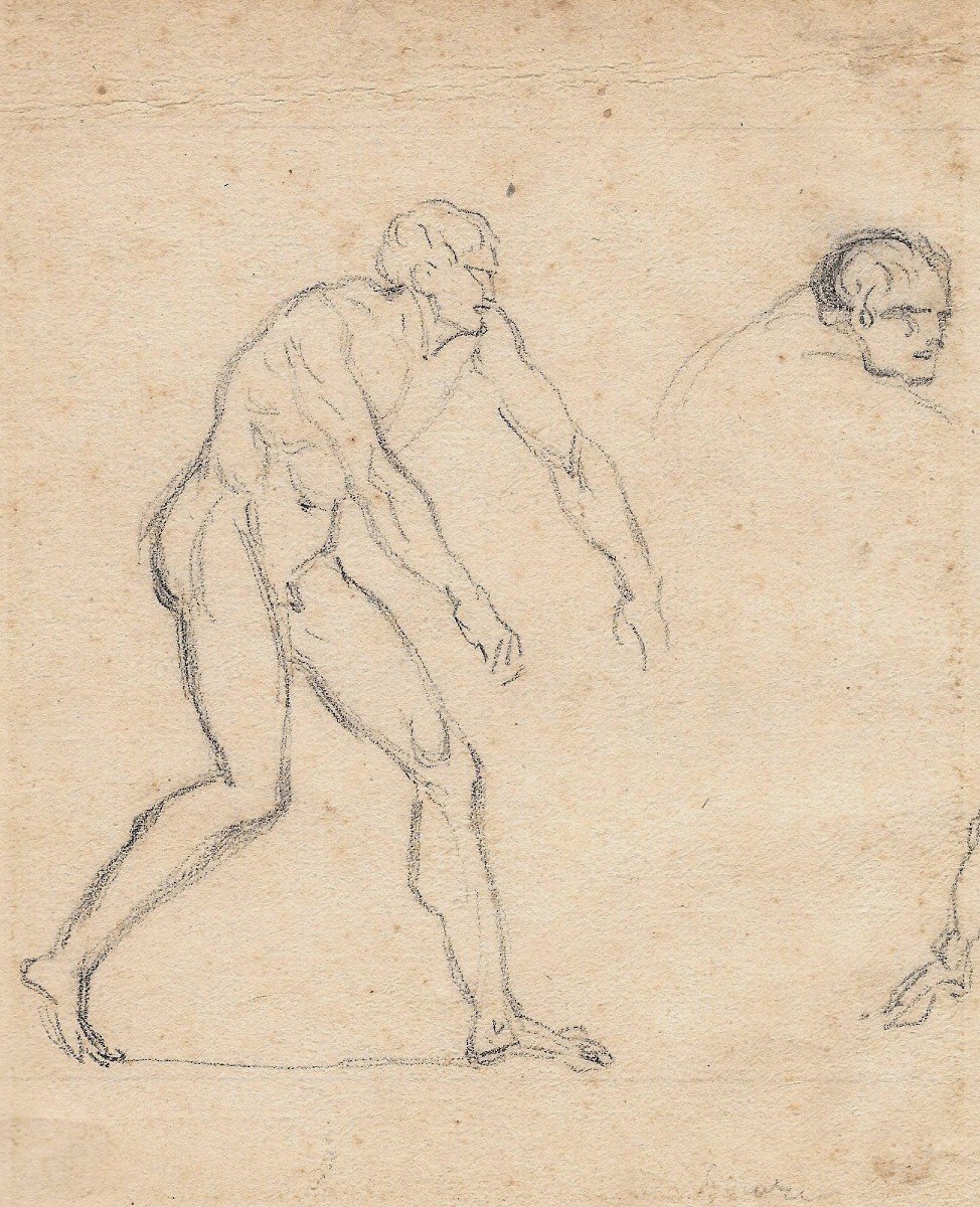 DAVID Jacques Louis (1748-1825) "Etude d'homme et de tête" Dessin au crayon noir, Cadre fin 18e-photo-2