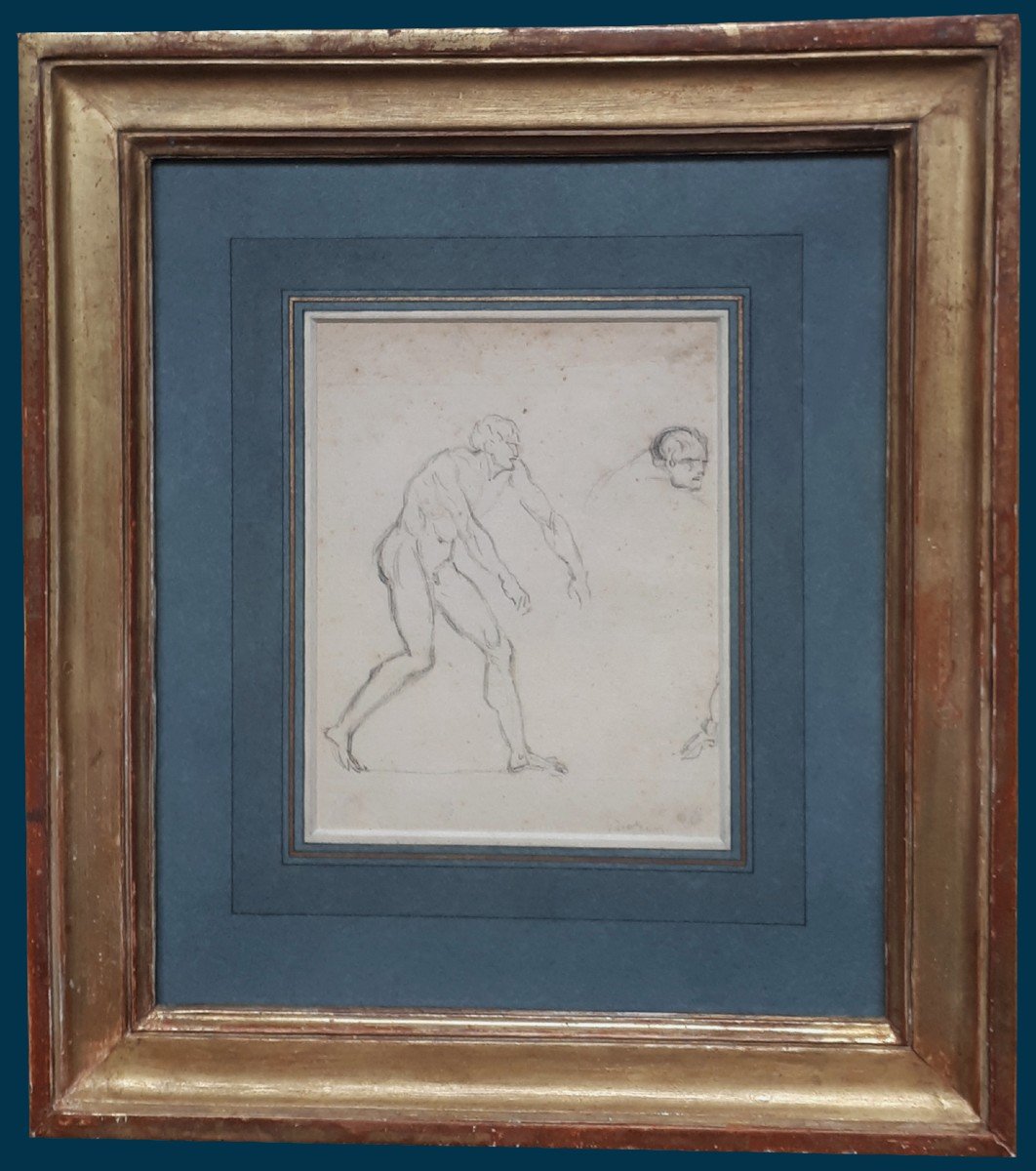 DAVID Jacques Louis (1748-1825) "Etude d'homme et de tête" Dessin au crayon noir, Cadre fin 18e