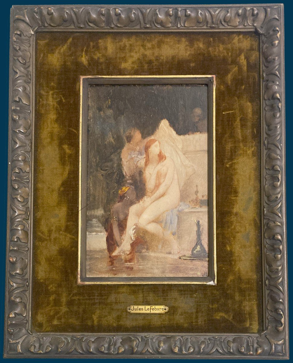 LEFEBVRE Jules Joseph (1834-1912)"Femme au bain" Huile/Panneau, Signé/Monogramme, Son cadre 19e