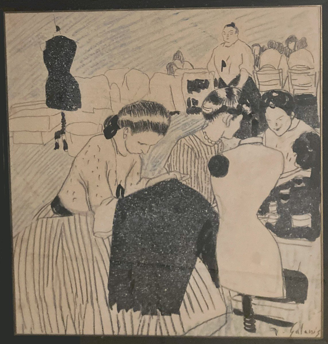 Galanis Dimitrio Emmanuel (1882-1966) "the Seamstresses" Drawing/black Pencil, Ink, Signed-photo-2