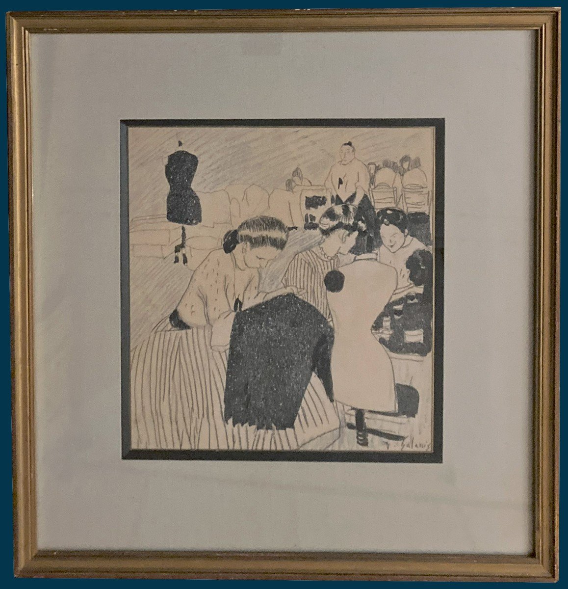 Galanis Dimitrio Emmanuel (1882-1966) "the Seamstresses" Drawing/black Pencil, Ink, Signed