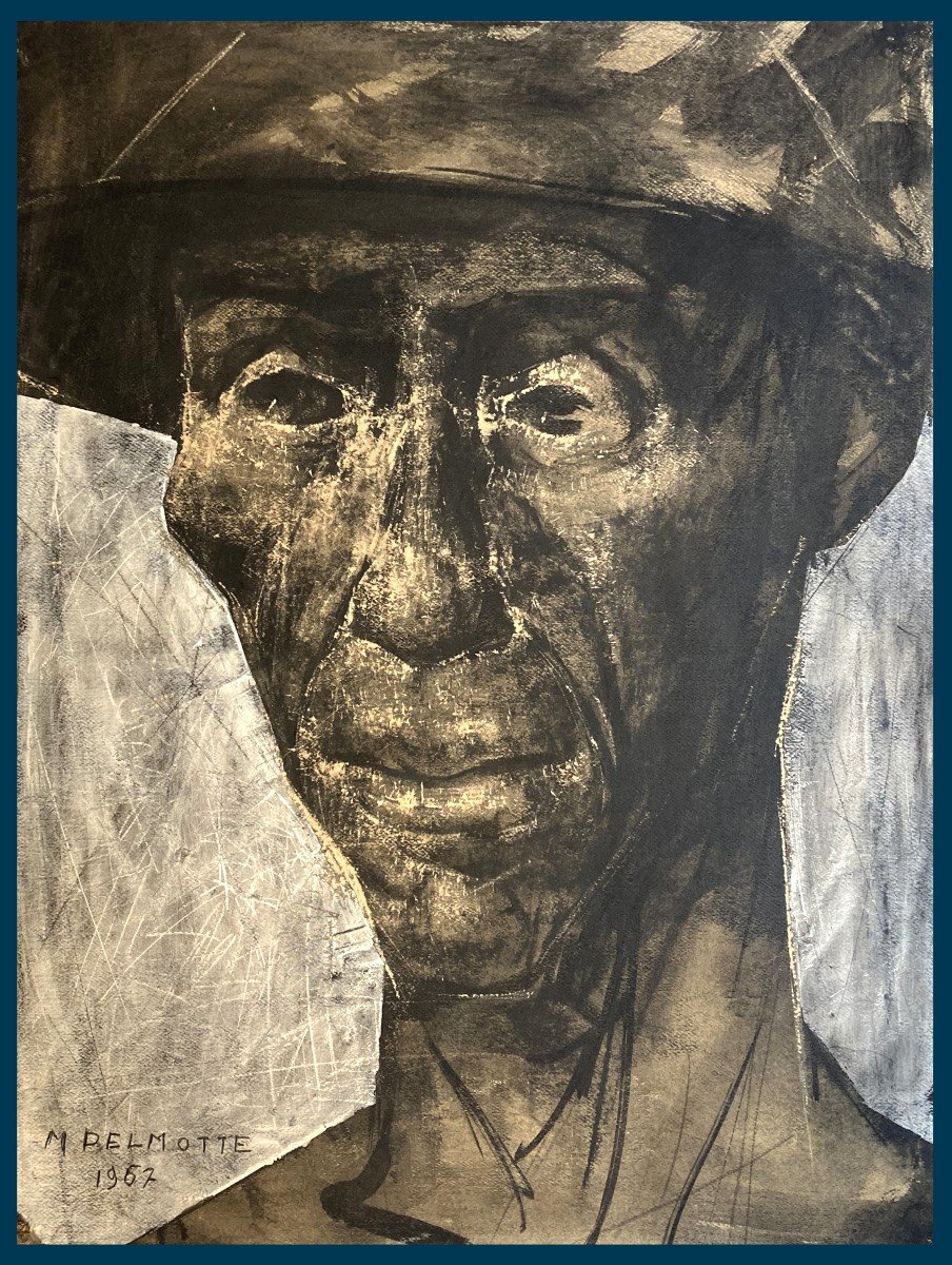 DELMOTTE Marcel (1901-1984) "Portrait d'homme"Dessin/Crayon noir, Lavis d'encre,grattage, Signé