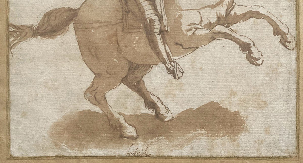 ECOLE ITALIENNE 17E SIECLE "Un Maréchal à cheval" Dessin à la plume et au lavis brun-photo-3