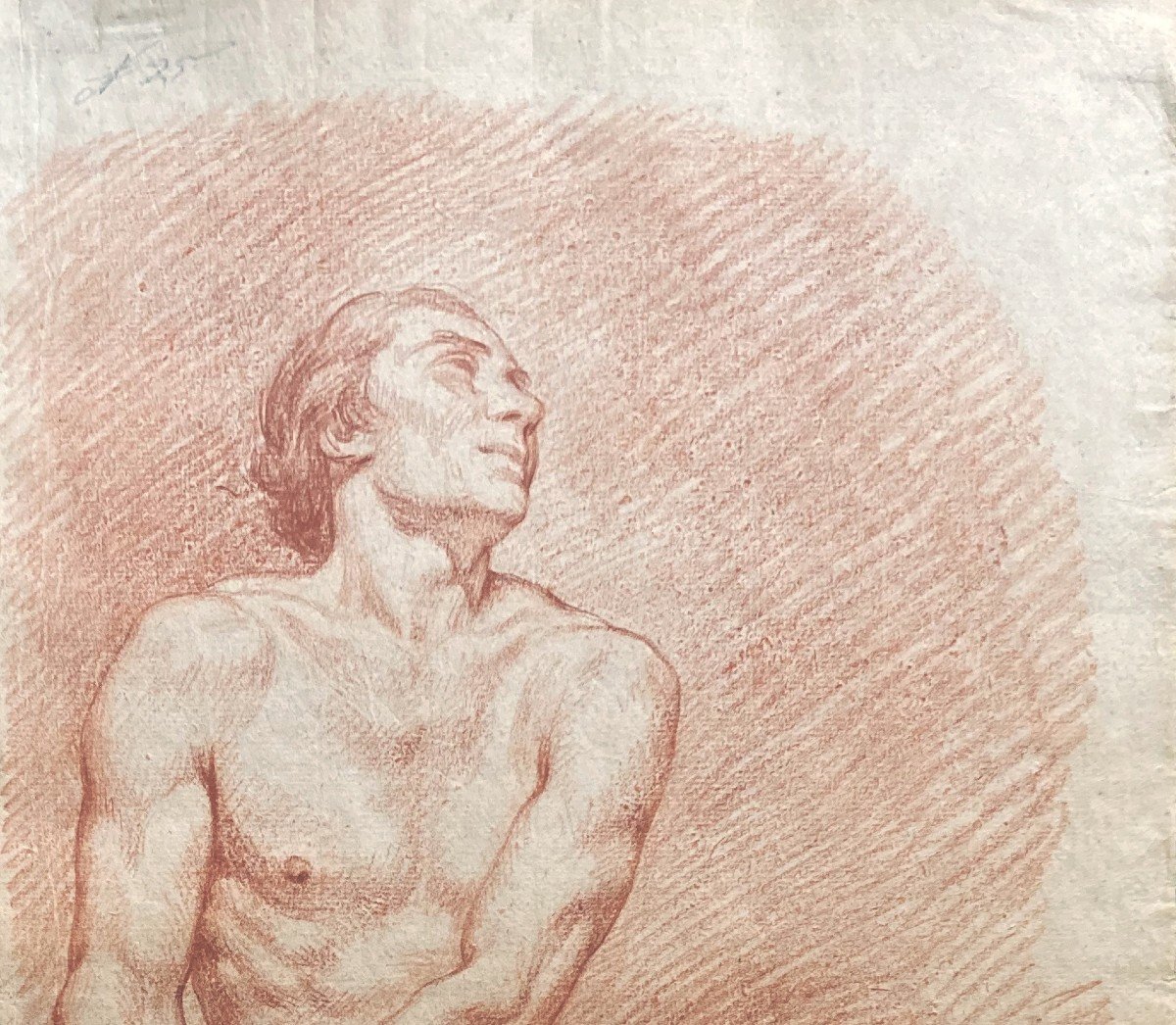 French School 18th Century "seated Man Academy" Red Chalk Drawing-photo-2