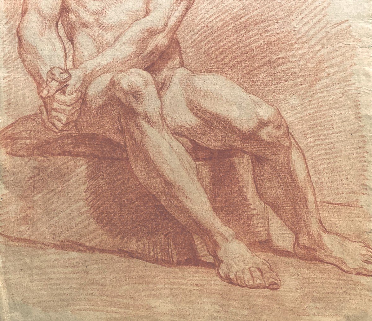 French School 18th Century "seated Man Academy" Red Chalk Drawing-photo-3