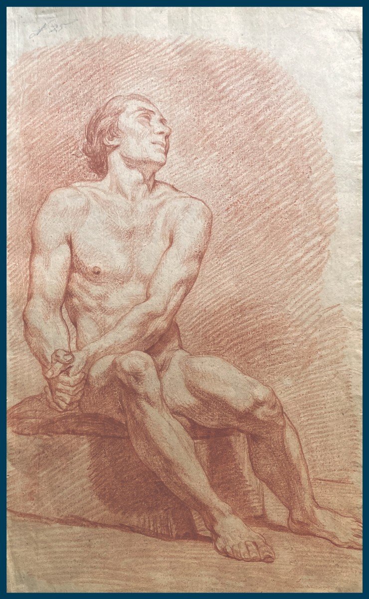 French School 18th Century "seated Man Academy" Red Chalk Drawing