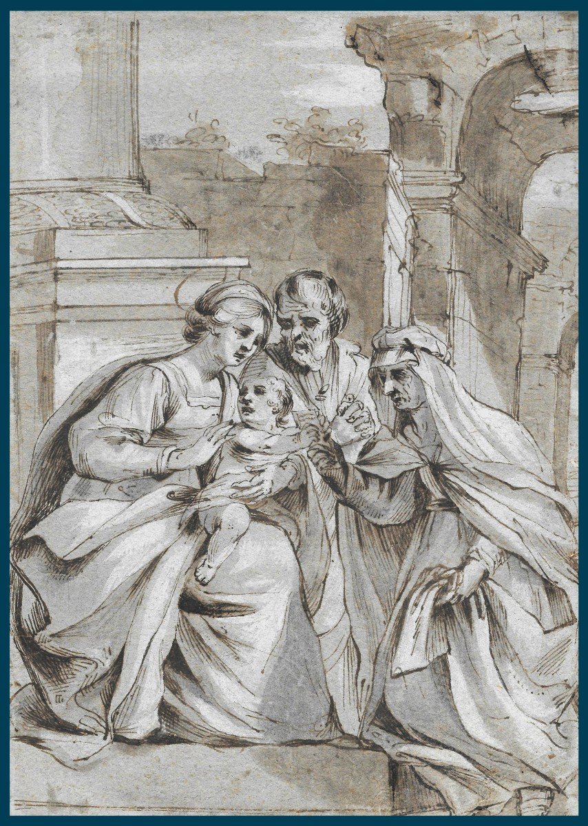 Italian School Early 17th Century "the Holy Family" Drawing/pen, Wash, Provenance/w. Esdaile