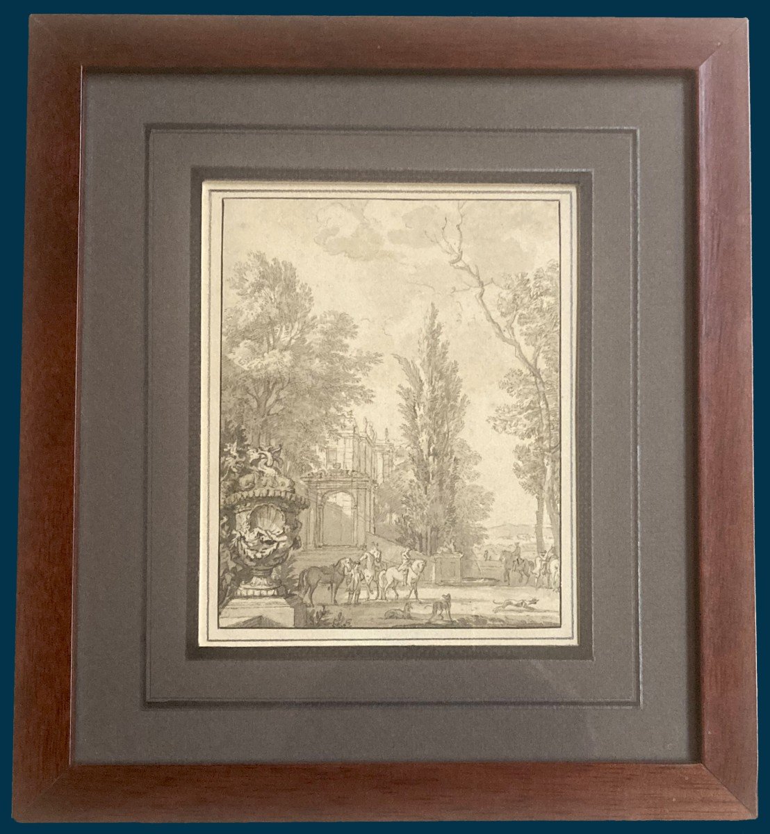 Isaac MOUCHERON DE (1667-1744) "Paysage animé" Dessin à la plume et au lavis gris-photo-2