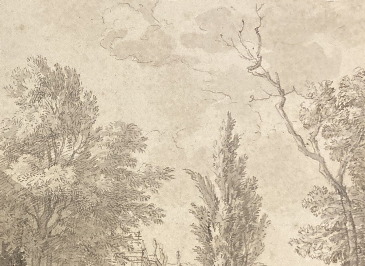 Isaac MOUCHERON DE (1667-1744) "Paysage animé" Dessin à la plume et au lavis gris-photo-3