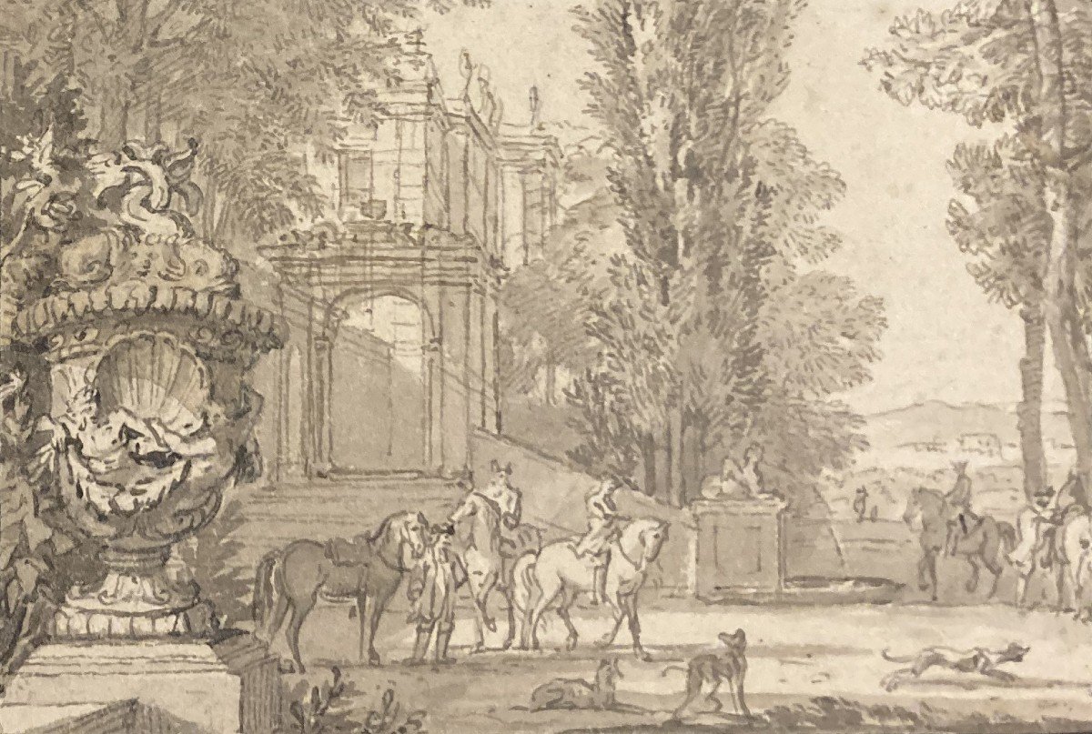 Isaac MOUCHERON DE (1667-1744) "Paysage animé" Dessin à la plume et au lavis gris-photo-4