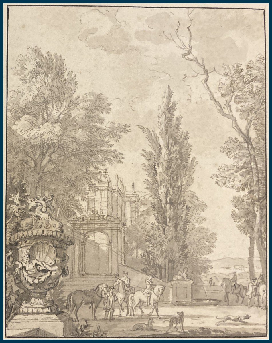 Isaac MOUCHERON DE (1667-1744) "Paysage animé" Dessin à la plume et au lavis gris