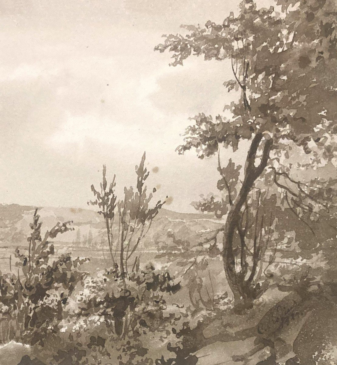 Rodius Charles (1802-1860) Famous In Australia "animated Landscape" Drawing/brown Wash, Signed And Dated-photo-3