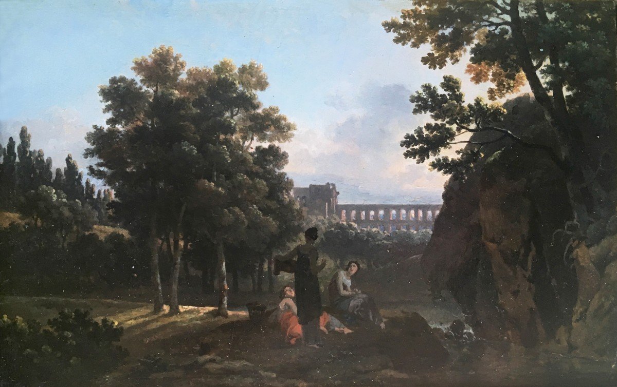 TAUNAY Nicolas-Antoine (1755-1830) "Paysage animé" Huile/panneau, Beau cadre 19e avec cartouche-photo-2