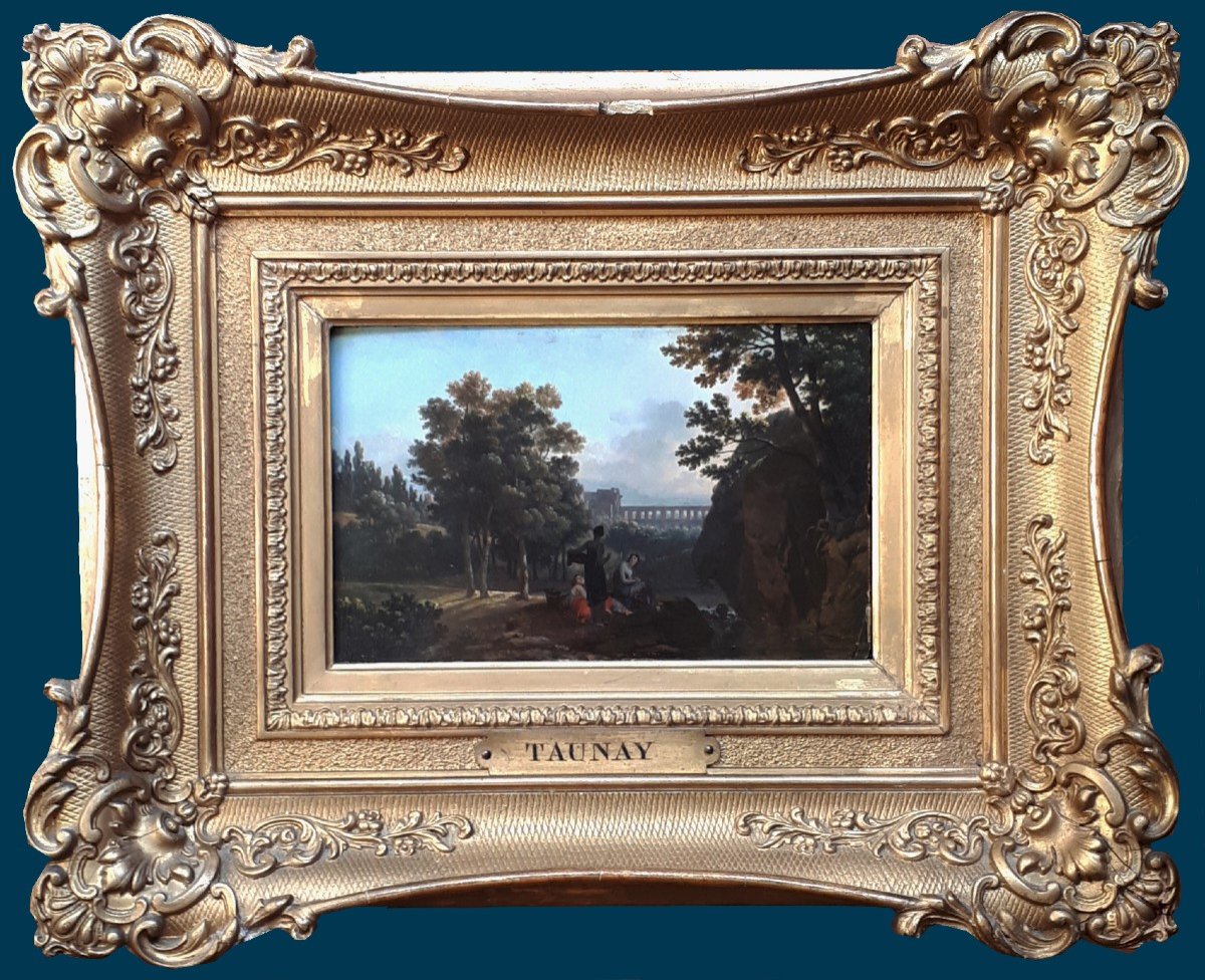 TAUNAY Nicolas-Antoine (1755-1830) "Paysage animé" Huile/panneau, Beau cadre 19e avec cartouche