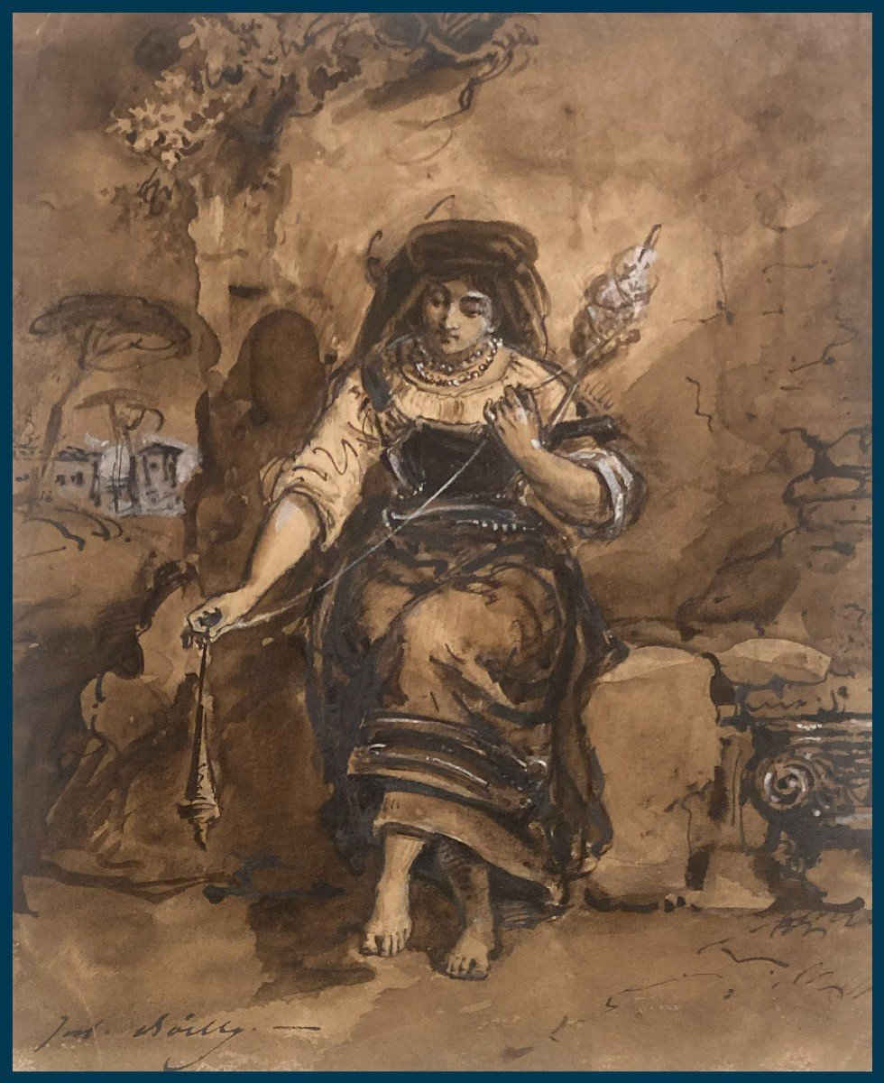 BOILLY Jules (1796-1874) "La Fileuse" Dessin au lavis brun et gouache blanche, Signé