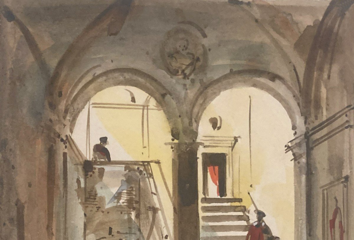 Clérian Noël Joseph Thomas (1796-1842)"Intérieur d'un palais"Dessin/Plume,lavis,aquarelle,Signé-photo-2