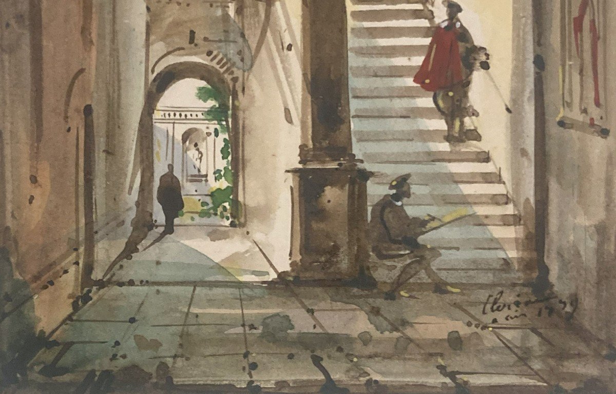 Clérian Noël Joseph Thomas (1796-1842)"Intérieur d'un palais"Dessin/Plume,lavis,aquarelle,Signé-photo-3