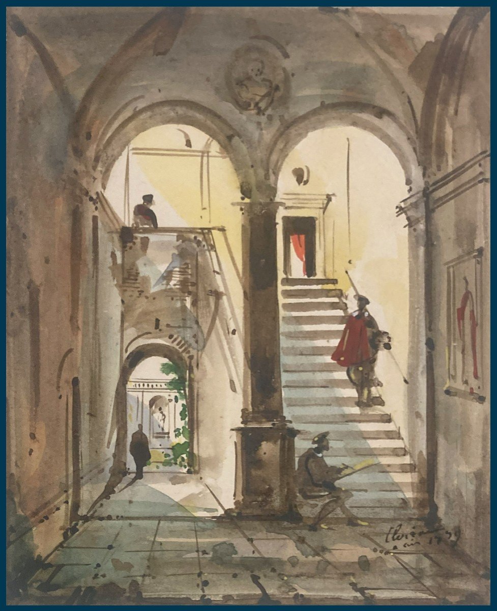 Clérian Noël Joseph Thomas (1796-1842)"Intérieur d'un palais"Dessin/Plume,lavis,aquarelle,Signé